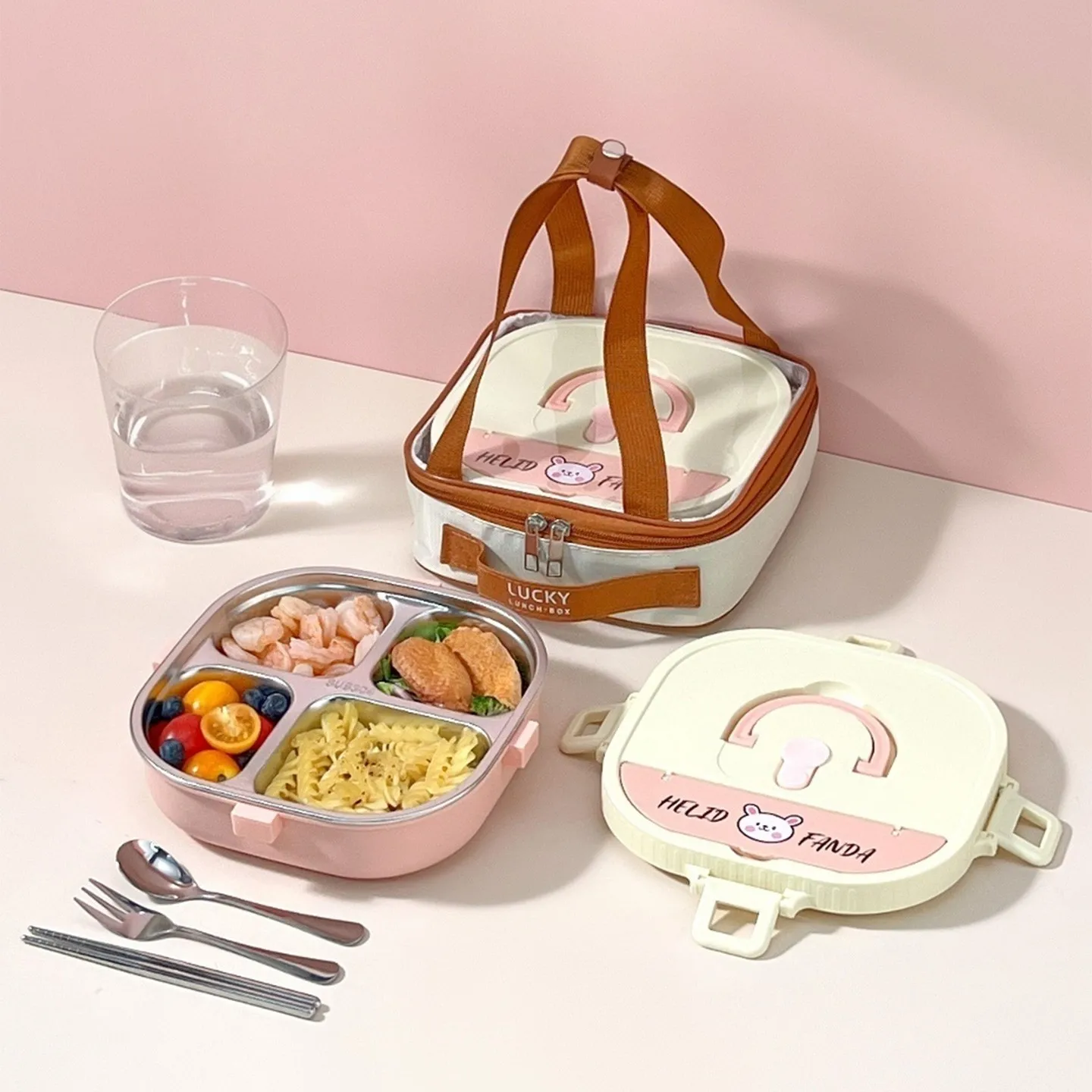 3/4 Grids Portable Square Food Container 304 Stainless Steel Divided Bento Lunch Box For Kids Students With Cutlery Heatable
