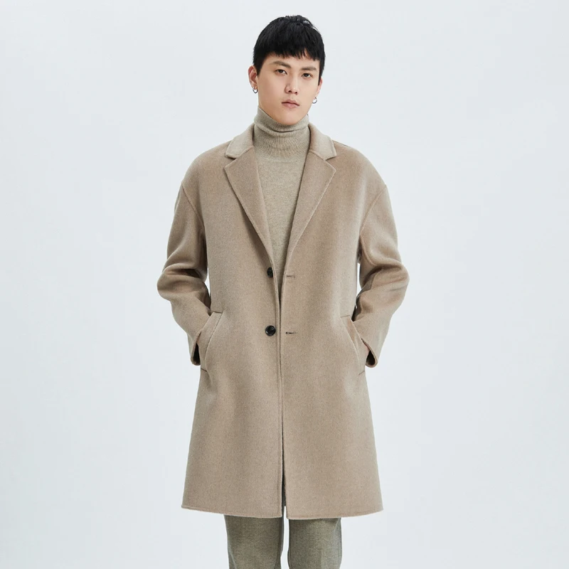 100% Wool Double-Sided Wool Coat Autumn Winter Men's Fashion Mid-Length Suit Collar Wool Coat Jacket Trench Coat