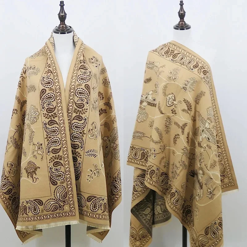 Poncho Cloak Jacquard Weave Scarf Imitation Cashmere Women Shawl Ethnic Style Tourism Cloak Warm Girl Coat Lady Capes Khaki