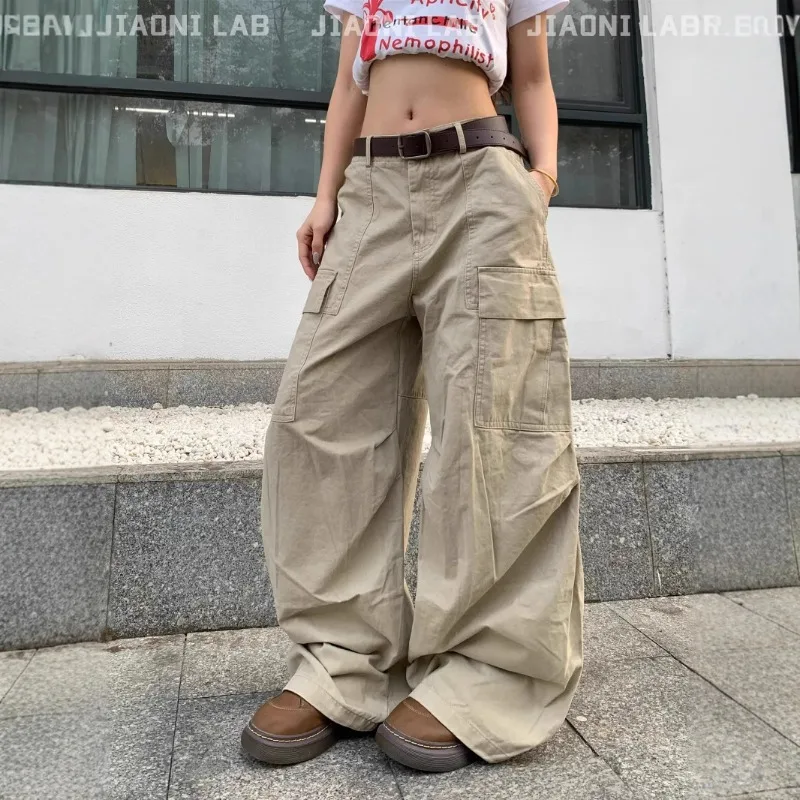 2026 American Retro Loose Curved Blade Outdoor Cargo Pants for Women Casual Straight Leg Long Trousers with Multi Pockets