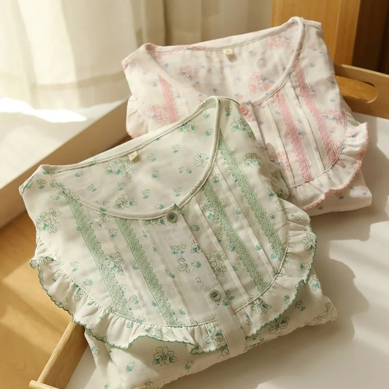 

Women's Summer 2025 100% Cotton Gauze Nightgown Short-Sleeved Sleepshirts Korean Version Pajamas for Comfortable Home Wear