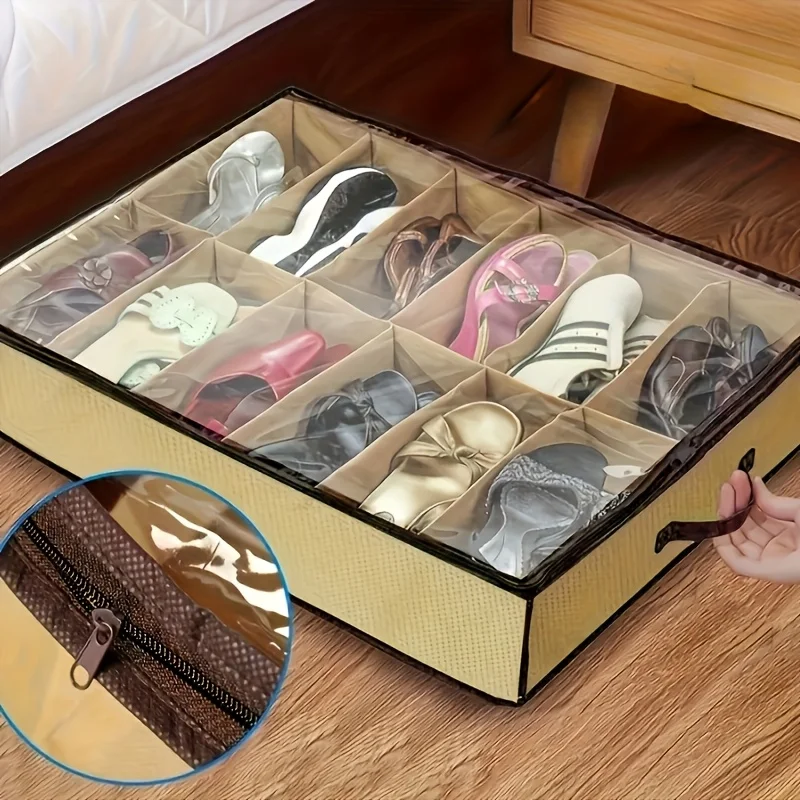 12-Compartment Clear Shoe Storage Bags - ustproof Moisture-Proof Under-Bed Storage Pockets Hand Washable Polyester Fashion Beige