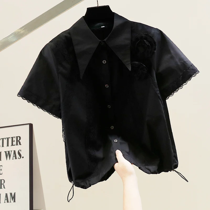 

Faionable Dstring Lace Oversized Versatile ort Sve irt Design Sensation Slimming Loose Fit Women's irt