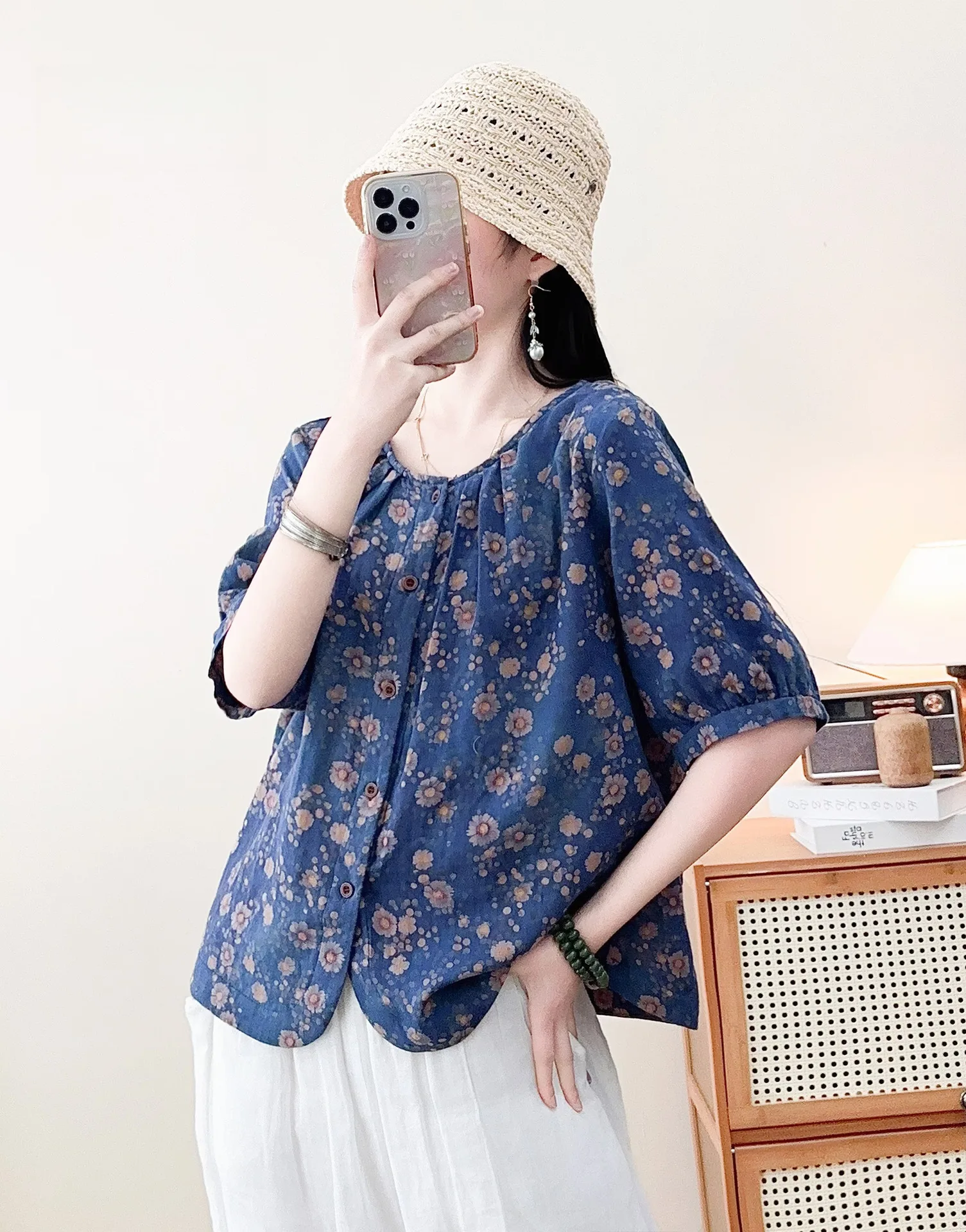 Women Vintage Floral Linen Blouse Round Neck Pleated Half Puff Sleeve Loose Button Down Shirts Daily Holiday Breathable Tops