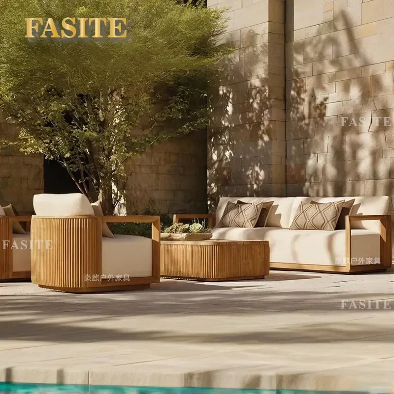 For Outdoor Teak Sofa Solid Wood Furniture Courtyard Villa Garden Balcony Hotel B&B Leisure Seating Durable Weather Resistant