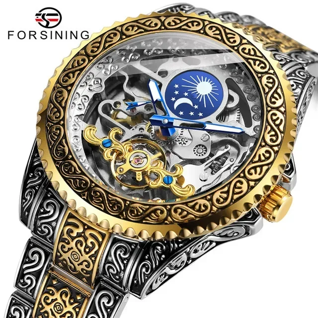 

Men Turbillon Automatic Mechaincal WristWatch Top Moon Phase Stainless Steel Strap Watches Male relogio masculino