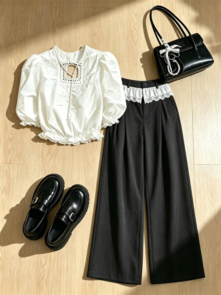 

Summer Lace Trim Bubble Sleeve Shirt And High Waist Wide Leg Pants Set Women's Fashion Ensemble Waist Cinched White Floral Print
