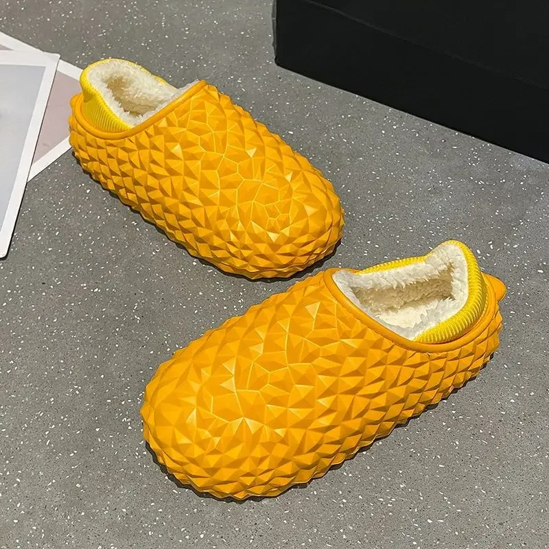 Autumn and winter couple's home cotton slippers women's waterproof and warm trend durian-shaped cotton drag hole shoes