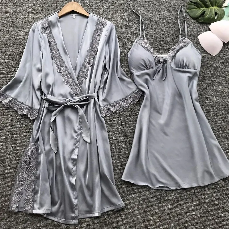 2PCS Leepwear Female Pajamas Set Satin Home Pyjamamas Lace Robe Sleep Suit V-Neck Wedding Nightwear Wear Nighty&Rob