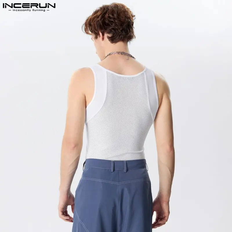 2024 Men Tank Tops Patchwork O-neck Sleeveless Skinny Male Vests Streetwear Hollow Out Summer Fashion Men Clothing S-5XL INCERUN