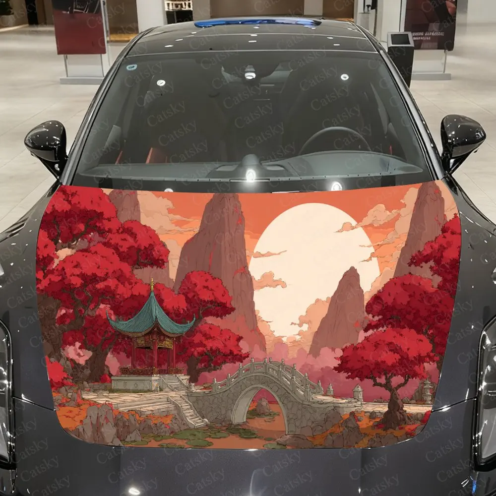 

Red Maple & Moonlit Pavilion PVC Car Hood Sticker,Waterproof Self-Adhesive Vinyl Graphics Decals,Decor Auto Accessories Stickers