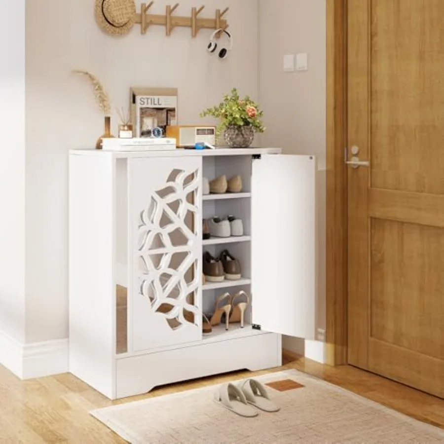 Shoe Storage Cabinet: 4-Tier Mirrored MDF Cabinet with Doors Bottom Drawer, White/Black, Space-Saving Modern Elegant Organizer