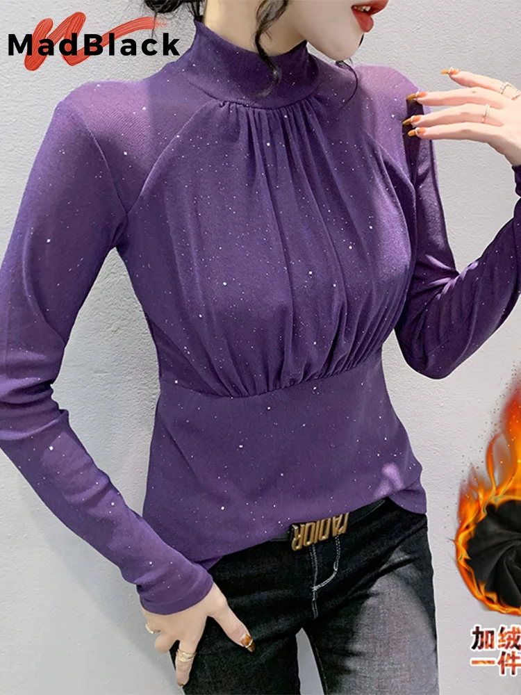 MadBlack European Clothes Tshirt Women Turtleneck Sequin Fleece Warm Slim Mesh Tops Long Sleeve Tees Autumn Winter T30508JM