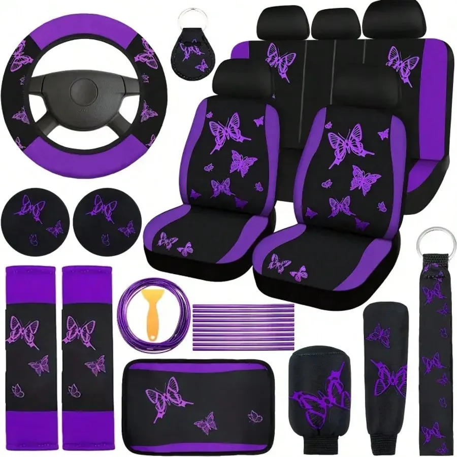 43-Piece Set Of General Motors Seat Covers: Purple Butterfly Design, Front And Rear Seats, Wristbands, 2 Coasters, Armrest Cushions, 2 SUV Seat Belt Covers