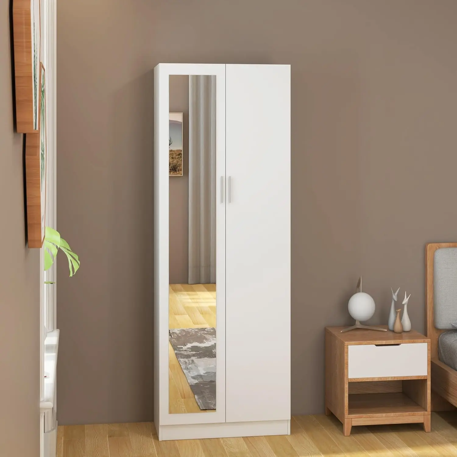 2 Door Mirrored Wardrobe with Hanging Rail Wooden Clothes Storage Cupboards Unit for Bedroom Furniture 72 x 47 x 170 cm (White)