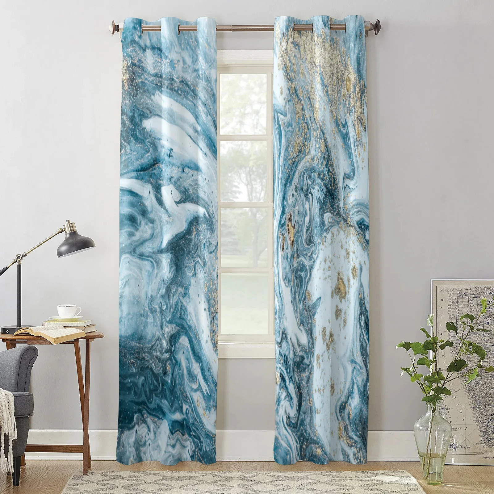 Marble Blue and Gold Abstract Modern Clackout Curtains Living Room Bedroom High Shading Curtain Kitchen Thick Blackout Drapes