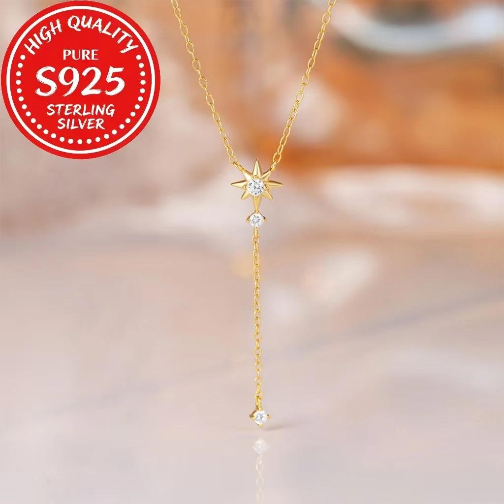

S925 Silver 18K Gold Plated Y-Necklace, Octagram Tassel Clavicle Chain, Minimalist Versatile Birthday Christmas Gift for Women