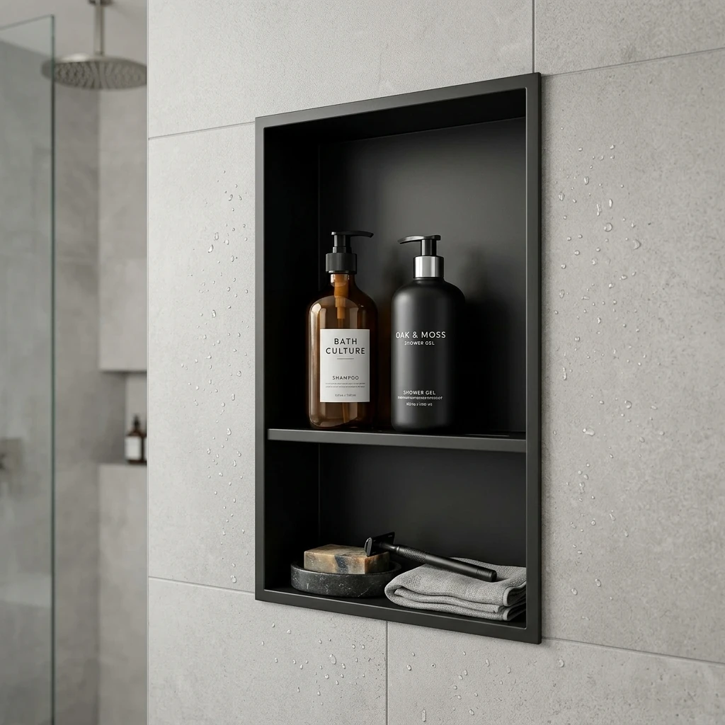 Nicho de Ducha de Acero de 18" x 12" Negro Mate, Sin Necesidad de Azulejos, Nicho de Ducha para Almacenamiento en el Baño, Nichos Empotrados en la Pared, Estante para Baño
