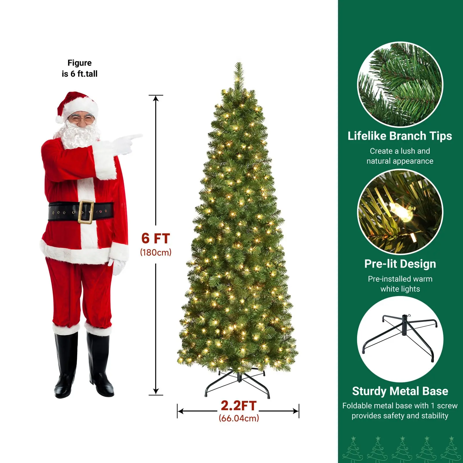 Prelit Artificial Pencil Christmas Tree 6FT & Warm White Lights