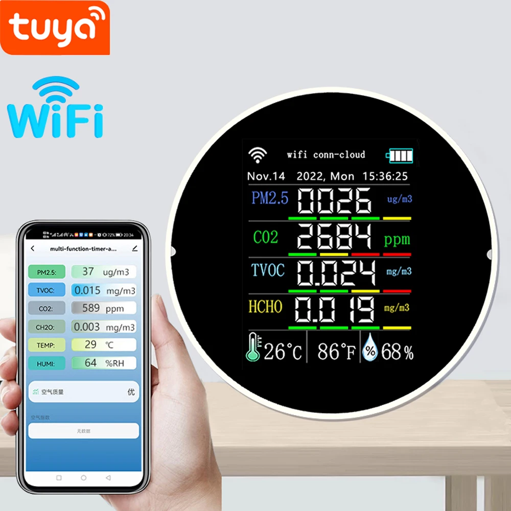 Tuya Wifi Medidor de Qualidade do ar 7in1 Pm2.5 Co2 Tvoc Hcho Aqi Temperatura Umidade Tester App Controle com Função Alarme Calendário