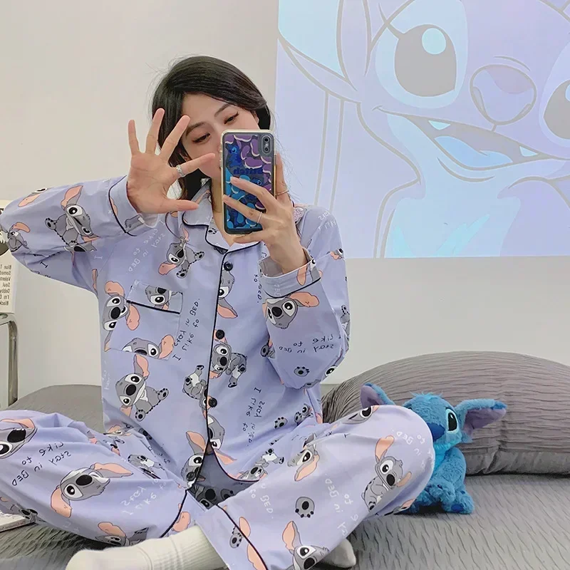 Disney Stitch otoño pantalones de algodón de manga larga conjunto de dos piezas pijamas de mujer ropa de descanso informal de dibujos animados