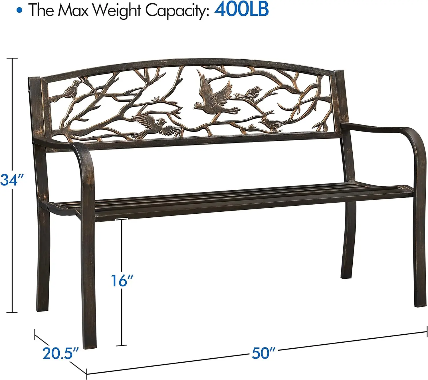 Patio Garden Bench Outdoor Cast Iron Metal Bench, w/Bird Design Backrest, Slatted Seat, Park Bench Outdoor Furniture for Porch