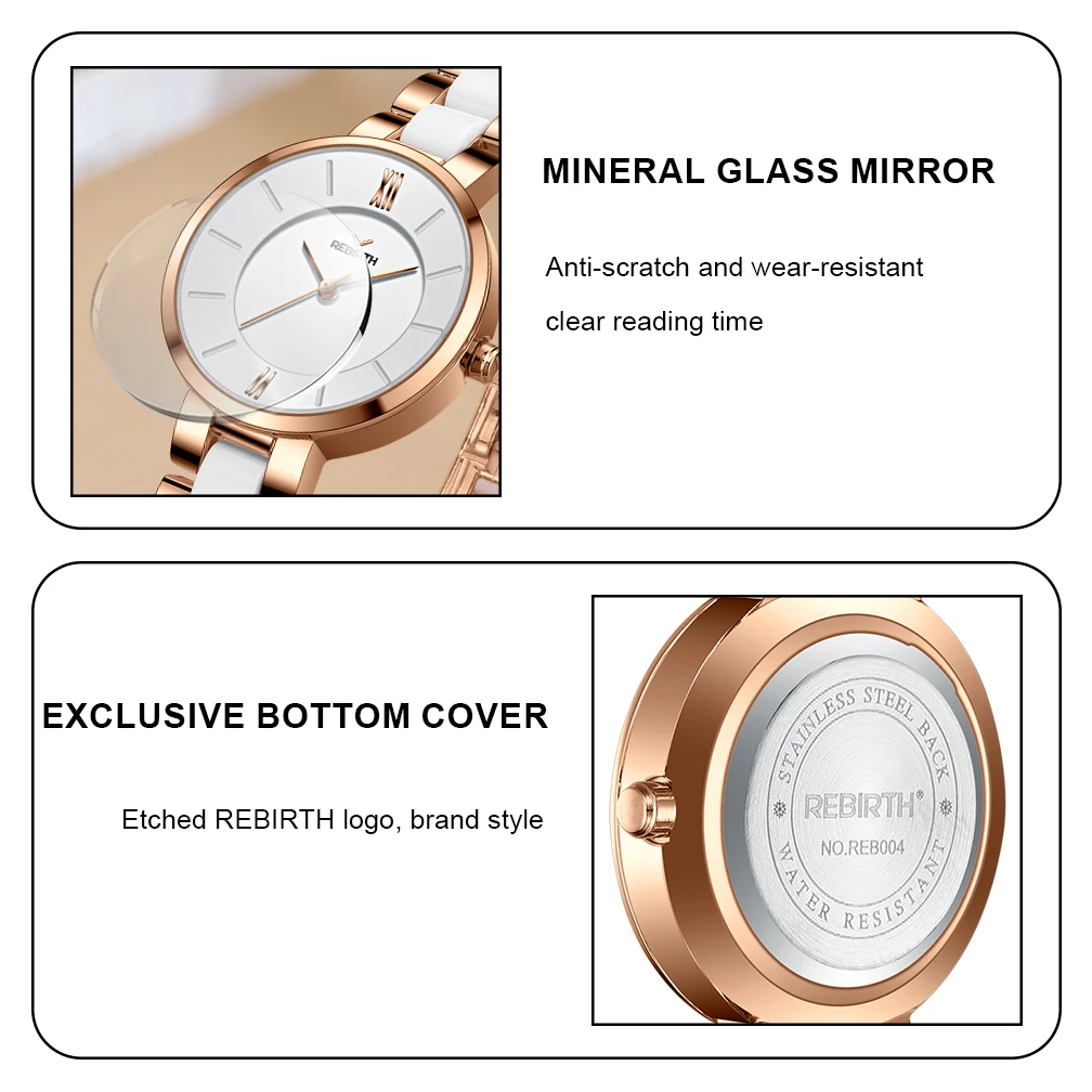 REBIRTH Waterproof Women's Watch Original Korea Elegant Quartz Ceramic Watch