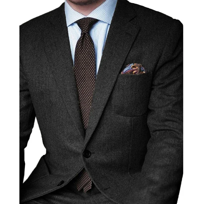 

Woolen Herringbone Men Suits For Winter 2 Piece Wedding Groomsmen Tuxedo Casual Male Set Jacket With Pants Smoking Fashion 2024