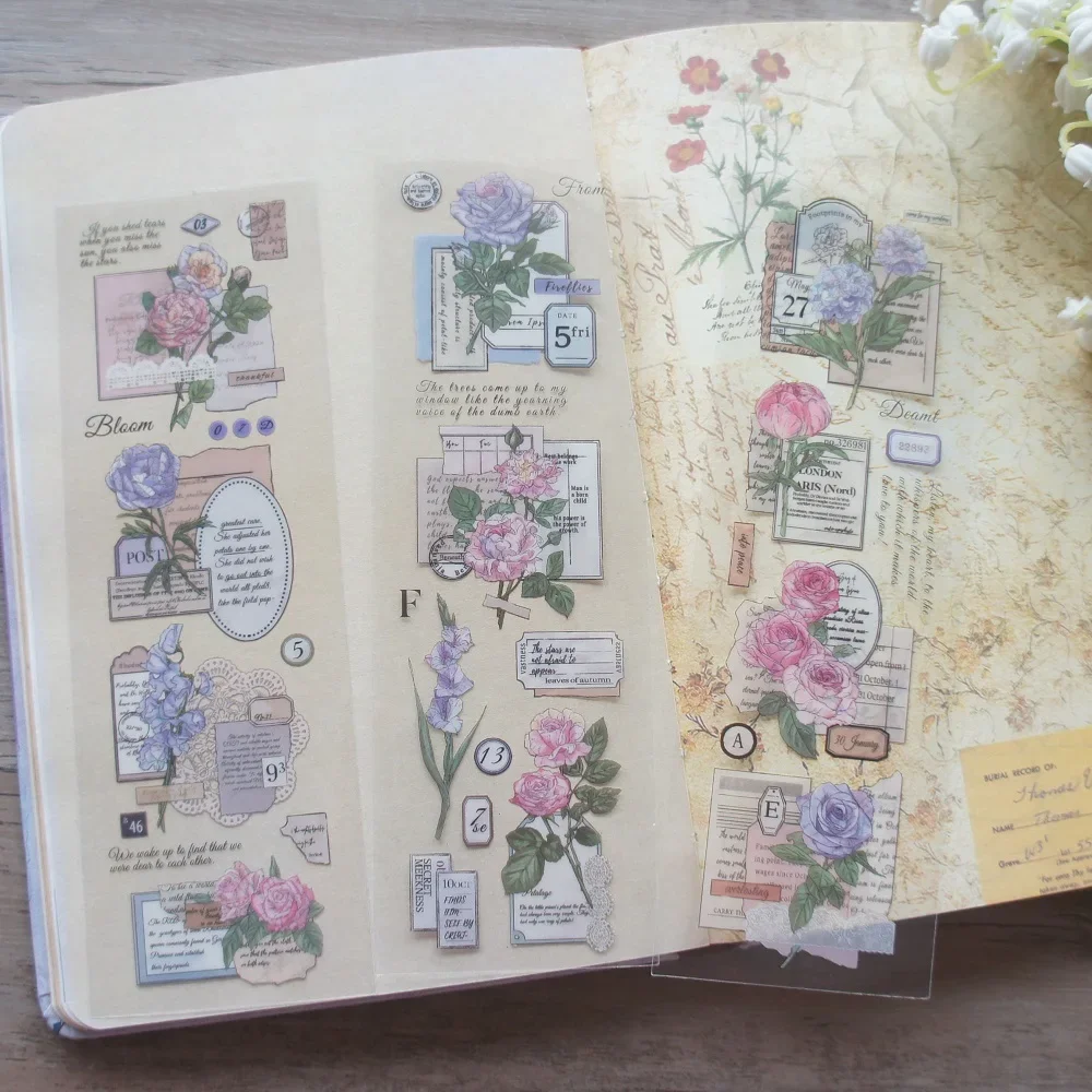 

6 Sheets Flower and Notes PVC Sticker Gift Tag Gift Decoration Scrapbooking Background DIY Sticker
