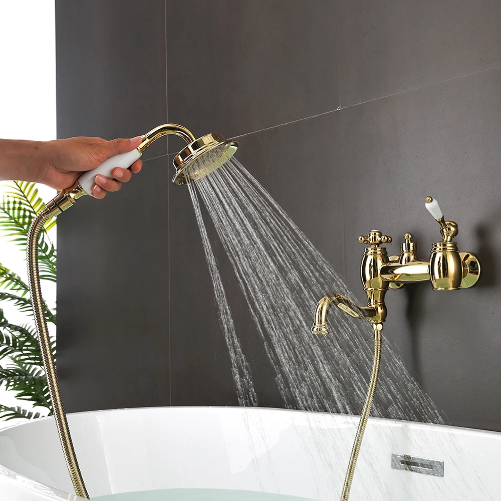 New Design Simply Wall Mounted Mixer Shower Bathtub Faucet With Handheld Shower Head Gold Waterfall Shower Set