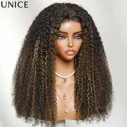 UNice 7x5 Bye Bye Slip™ Lace Black with Blonde Caramel Highlights Kinky Curly Wig With Drawstring 100% Human Hair Wigs Glueless