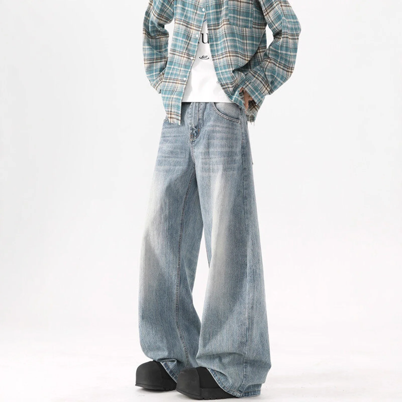 2026 Washed Blue Jeans Men's Spring and Autumn Vibe Versatile Casual Wide-leg Trousers Loose Wide-leg Trousers