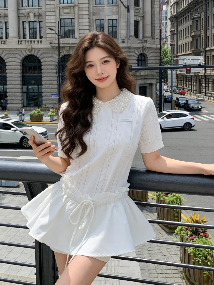 

White Doll Collar Short Sleeve Knitted Top High Waist Short Skirt Two Piece Set Women Summer Sweet Style Fashion Ensemble