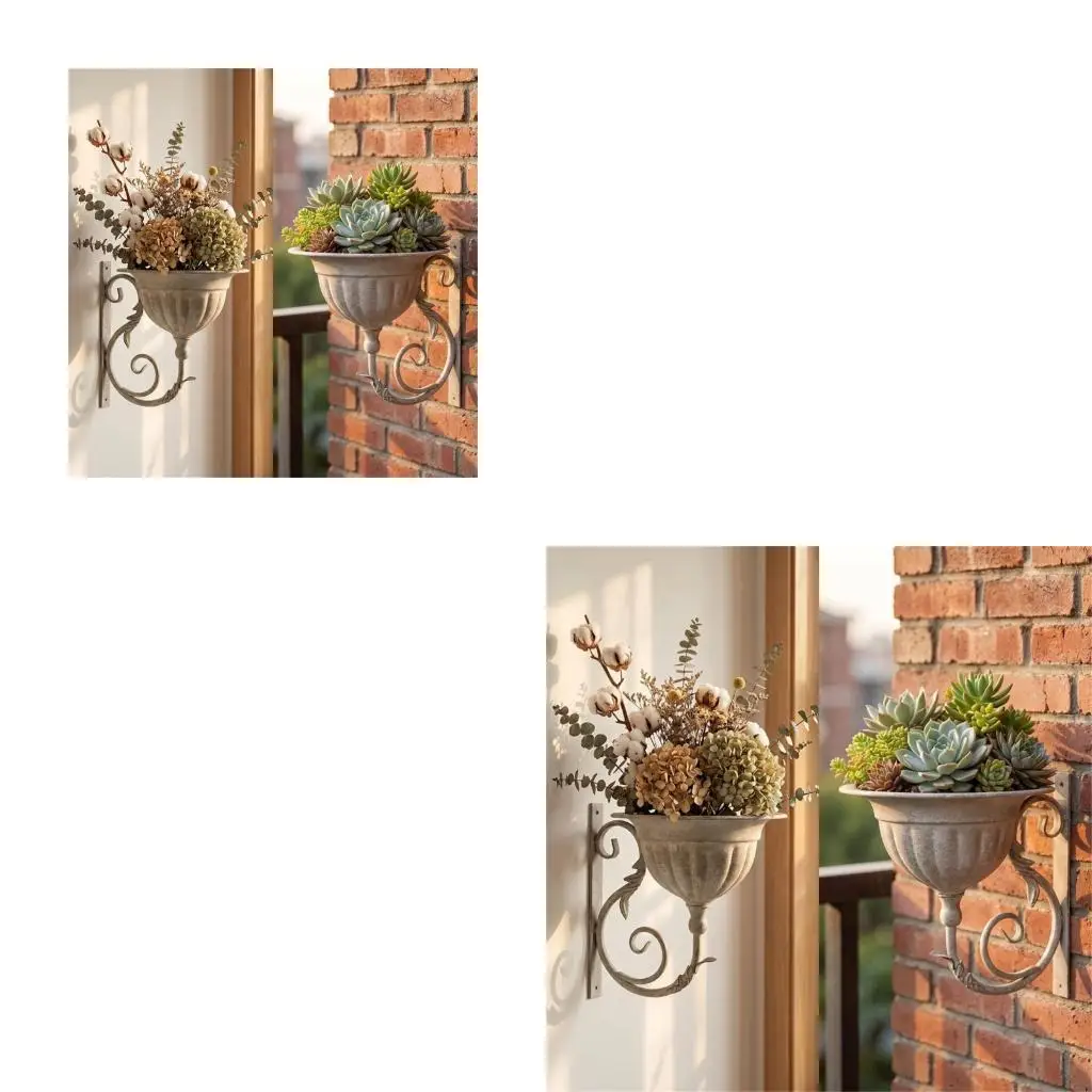  French Country Wall Flower Pot Metal Hanging Basket for Balcony Porch Garden Wall and Home Plant Display Use Indoor