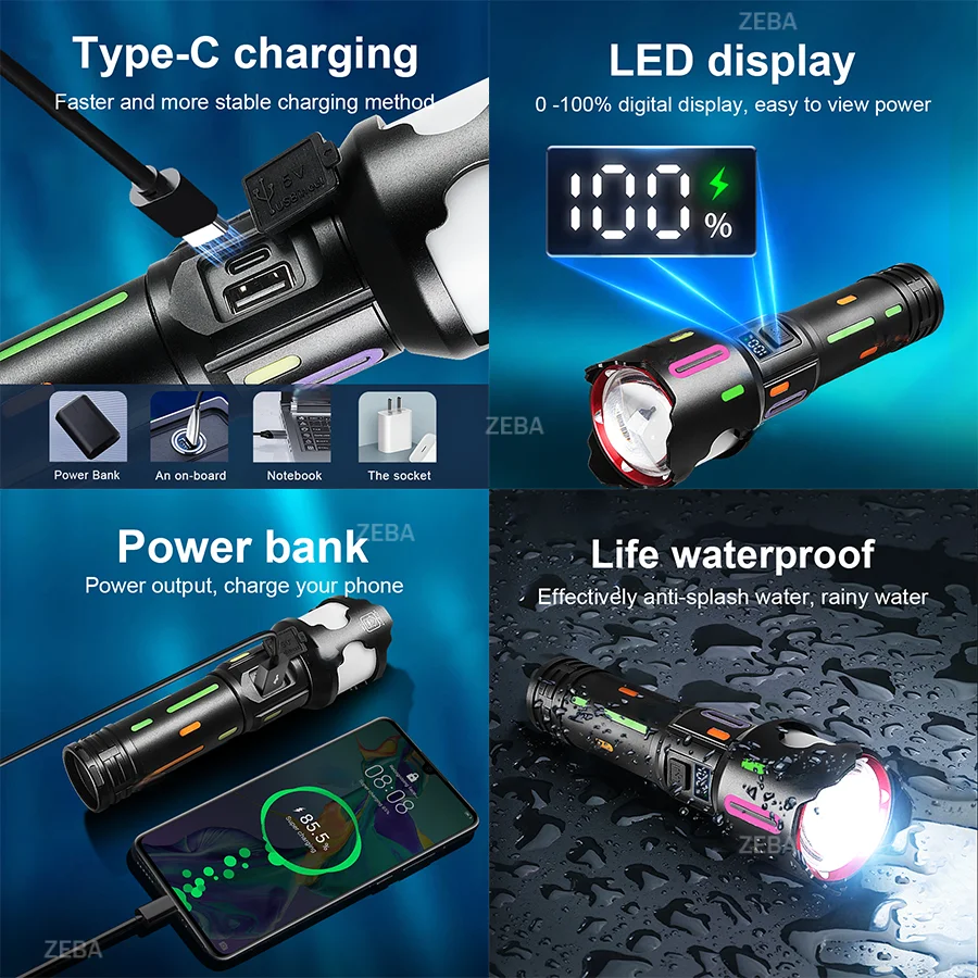 Ultra Bright LED Flashlight Rechargeable High Power 9500000000LM Flashlight Strong Light 4500M Tactical Torch Camping Lantern