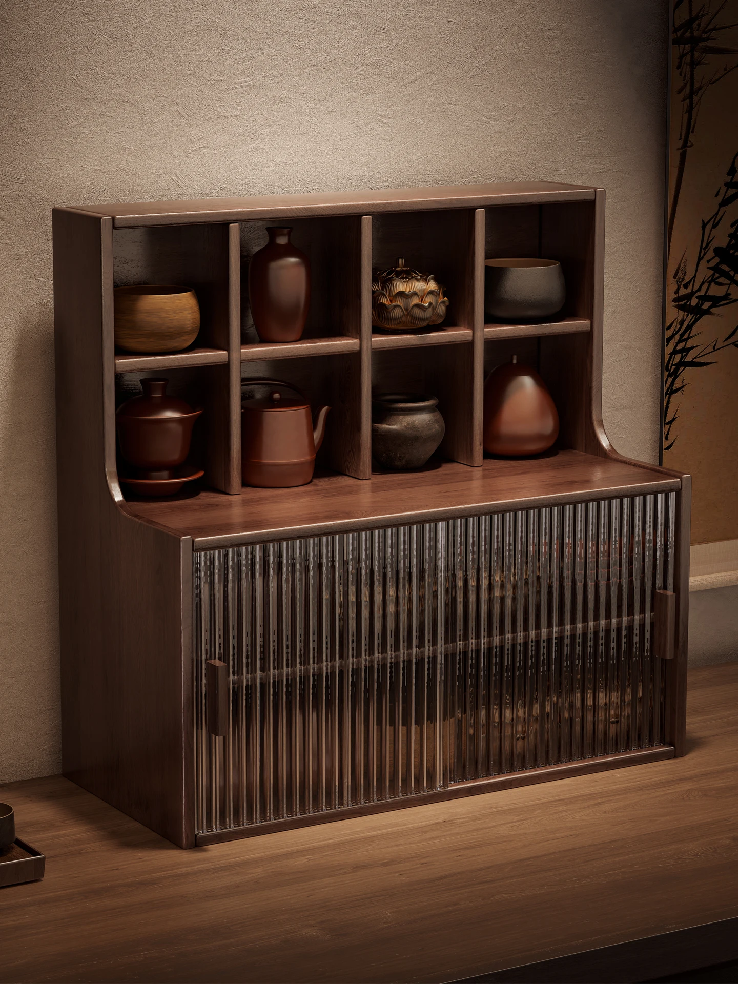 

Desktop Bogu frame Solid wood new Chinese desktop teacup tea rack Tea set storage cabinet Zisha pot display rack