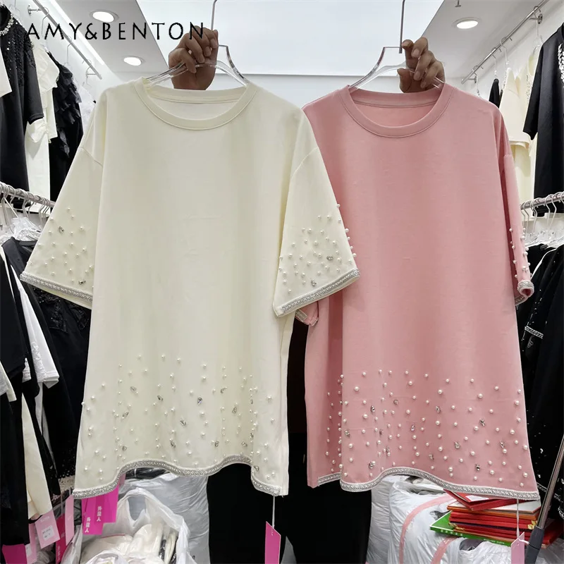 

Fashion Beaded O-Neck Short Sleeves T-shirt 2026 Spring Summer New Elegant Slim Top European Style Oversize Tees Women's Clothes