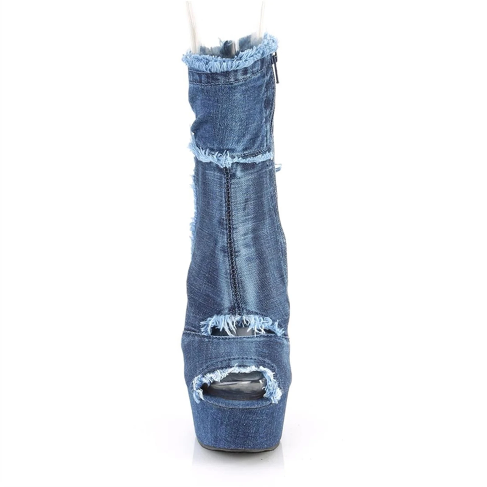 ​15CM Platform Peep Toe Boots Blue, Distressed Denim Ankle Boots with Raw Edge, Chunky Heel Western Shoes​