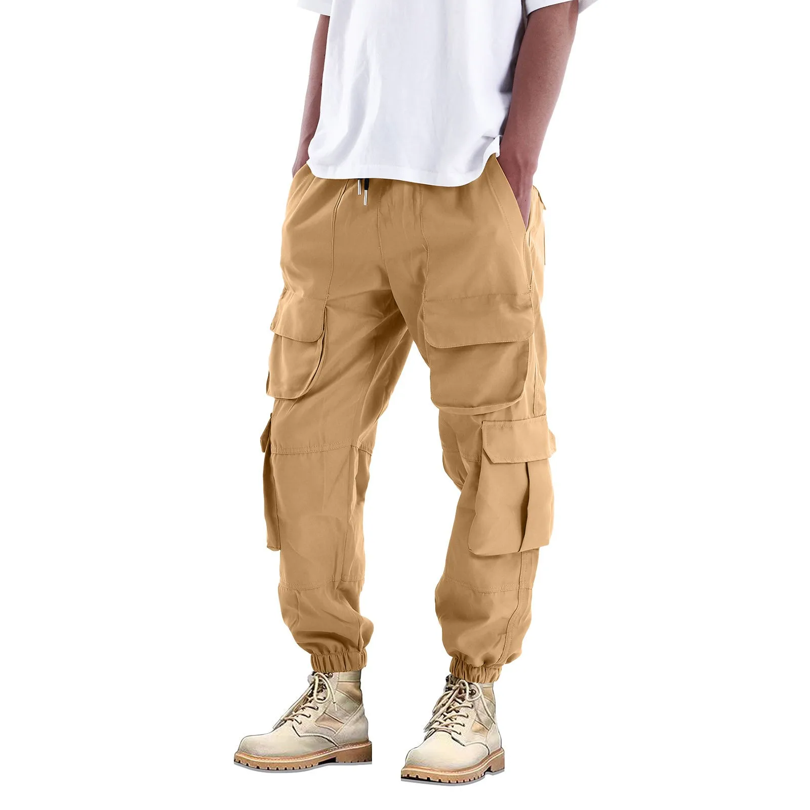 Men's Solid Color Casual Large Pocket Drawstring Nine Point Cuffed Pants Men's Cargo Pants