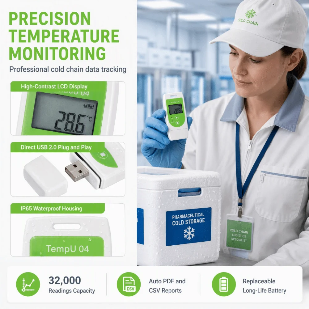 Plastic Temperature Data Logger Replaceable Battery Built-in USB Port Reusable Temperature Recorder 32,000 Data Points