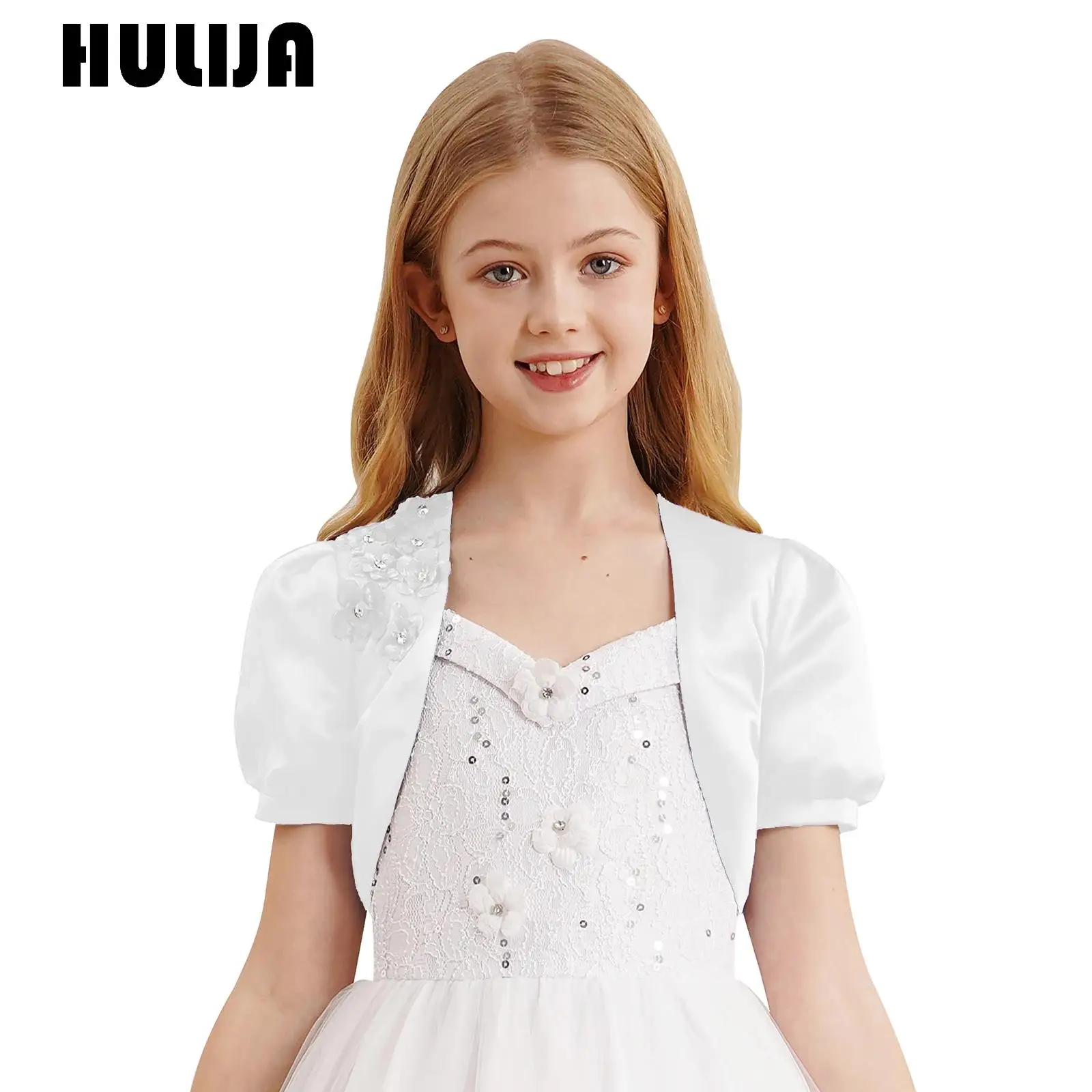 

Kids Girls Satin Bolero Jackets Short Puff Sleeve 3D Applique Elegant Cardigan Open Front Shrug Cape Wedding Party Dress Outwear