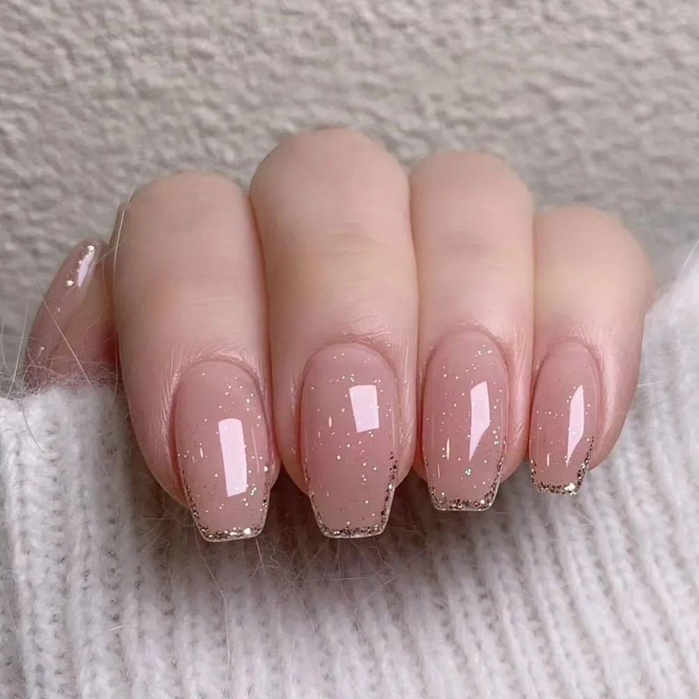 

French Naked Powder Glitter Nail Art Short Barley Removable Wearable Pieces