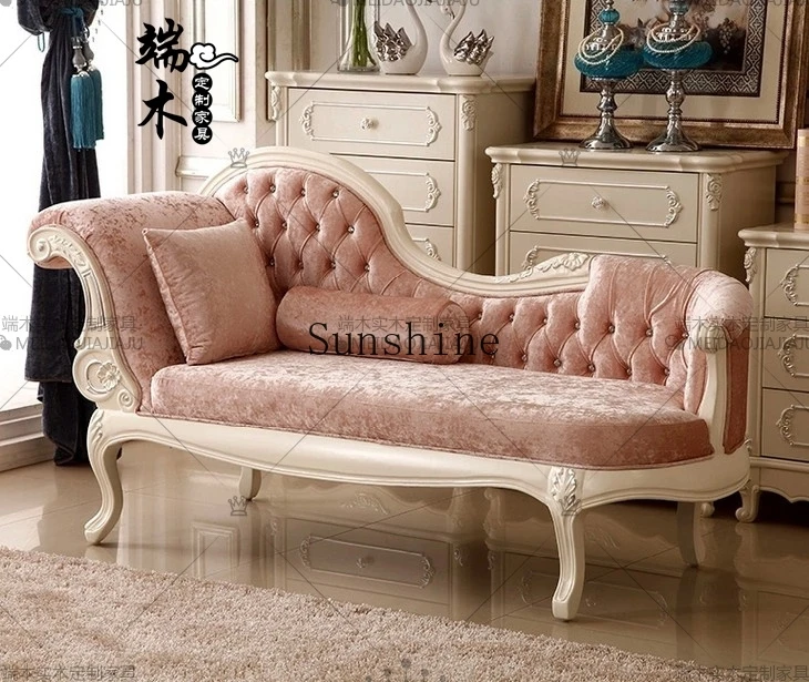 European solid wood carving flower fabric pull button chaise longue pink, ivory white, sofa, custom view 4