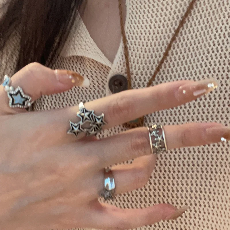 Gothic Unisex Star Ring Set Punk Grunge Cross Star Woman Man Jewelry Hip Hop Party Street Ring Accessories New Gift