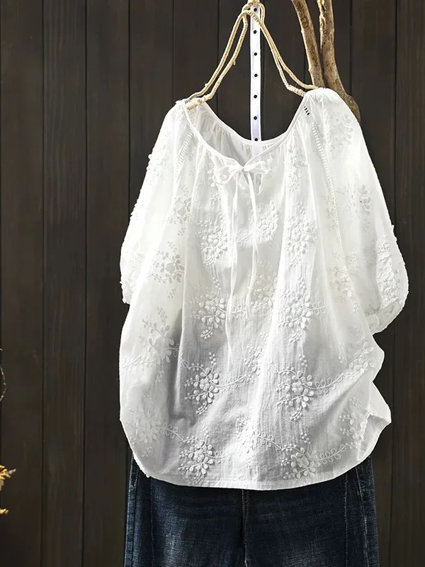 

Свободный женский топ из чистого хлопка с цветочной вышивкой irt, летний повседневный универсальный топ ort Sve, удобный дышащий круглый топ