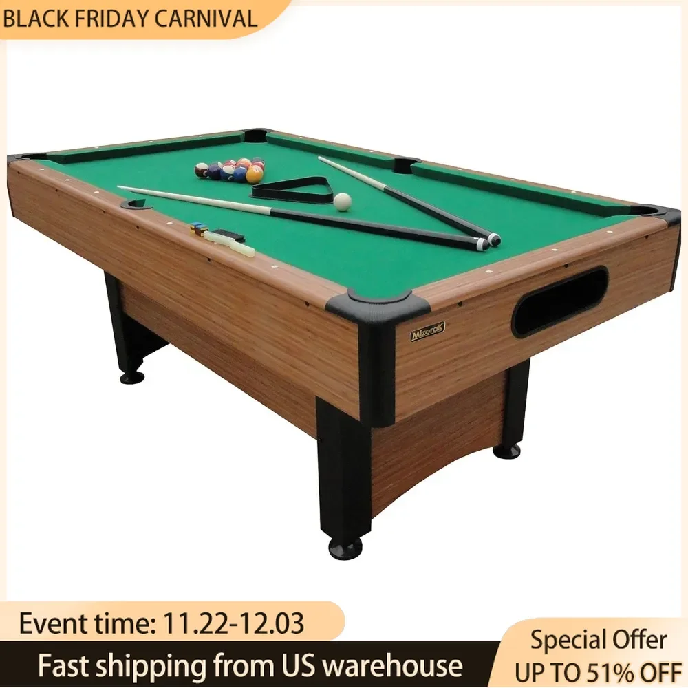 6.5' Billiard Table with Leg Levelers, Automatic Ball Return - Quickly Reset Games and Classic Green Nylon Cloth Billiard Table