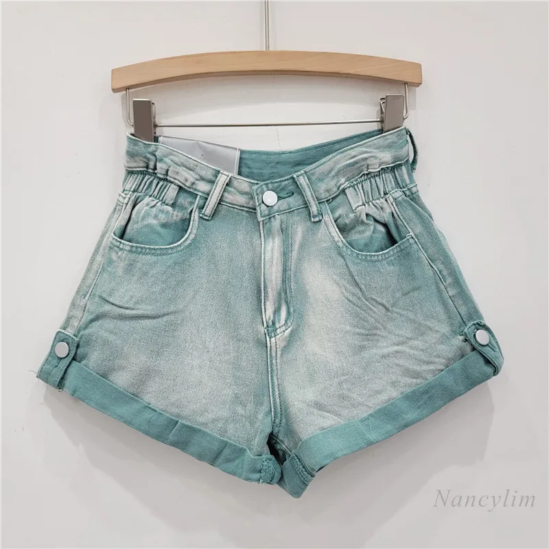 European Style Curling Denim Shorts Women's 2024 Summer Elastic High Waist Bud-Shaped Hot Pants A- Line Wide Leg Purple Shorts