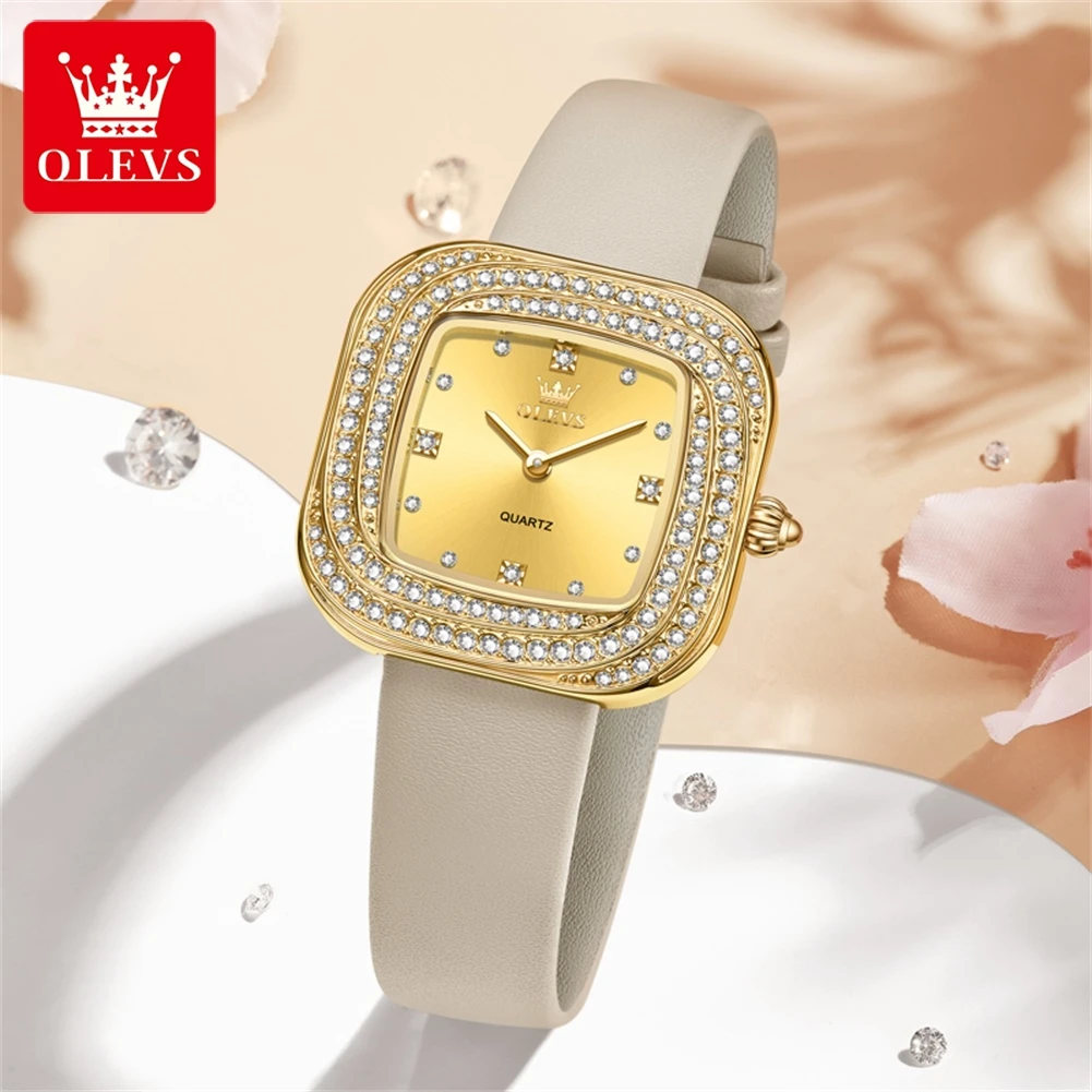 

OLEVS 5512, роскошные женские часы с бриллиантами, удобный кожаный ремешок, водонепроницаемые часы, дизайн с квадратным циферблатом, брендовые кварцевые женские часы