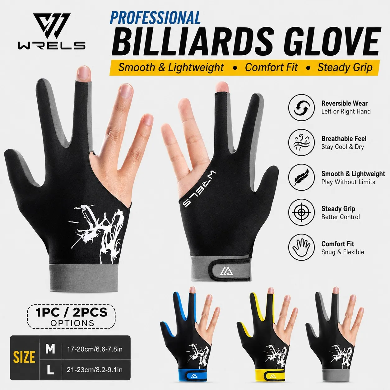 WRELS Professional Snooker Glove 3 Finger Billiards Pool Cue Glove Left Right Hand Breathable Lightweight Non Slip Snooker Glove