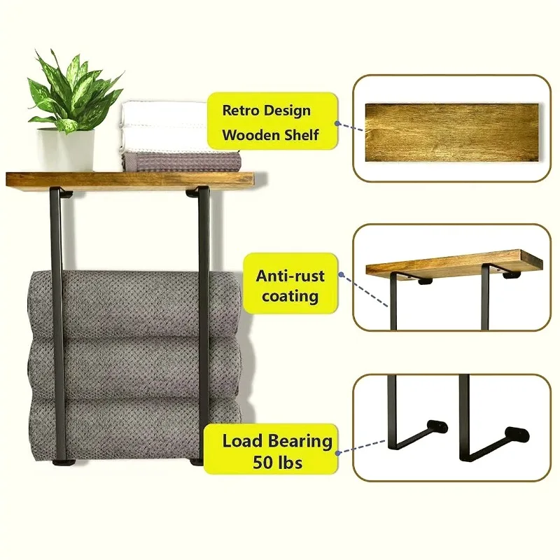 

Carbon Steel Dual Towel Bar - Indoor/Outdoor Wall Mount Shelf with Removable Wooden Board, Hotel Style Bathroom Organizer